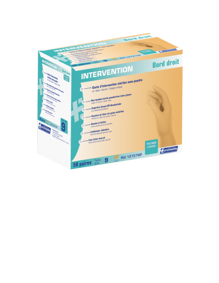 Gant d'intervention chirurgicale bords droits latex stérile sans poudre manchette 300 mm T 9